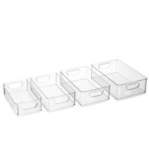 Munfix Set Of 16 Refrigerator Organizer Bins - Plastic Pantry Organization and Storage Baskets - Stackable Food Fridge Organizers with Cutout Handles for Freezer, Kitchen, Countertops, Cabinets