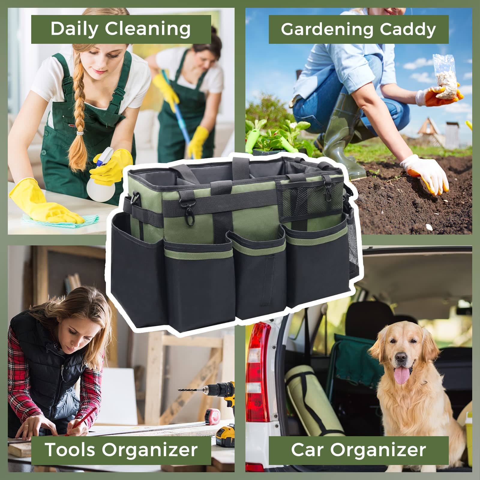 SCAVATA Wearable Cleaning Caddy, Cleaning Caddy Supplies Organizer with Handle & Shoulder Straps for Housekeepers, Under Sink & Car Cleaning Tool Organizers Bag with 4 Foldable Divider (Green)