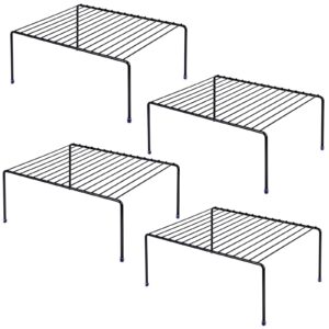 kitchen cabinet storage shelf rack/plastic feet - (13.1 x 10.2 inch) - steel metal - rust resistant finish - cups, dishes, cabinet & pantry organization (4, black)