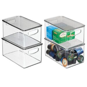 mdesign plastic deep storage bin box container with lid and built-in handles - organization for fruit, snacks, or food in kitchen pantry, cabinet, cupboard, ligne collection, 4 pack, clear/smoke gray