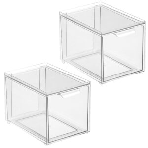 mDesign Plastic Pantry Organization and Storage Bin w/Pull Out Drawer - Slim Stackable Kitchen Supplies Storage Container for Organizing Cabinet, Fridge, Freezer - Lumiere Collection - 2 Pack - Clear