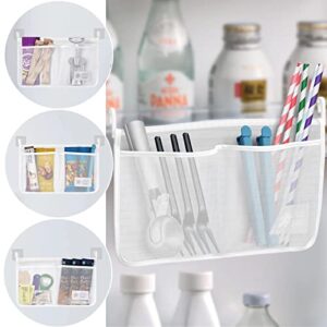 qiengo 3 packs refrigerator door organizer kitchen storage bag home small objects classification hanging mesh pocket organization accessories containers with 6 wall hooks (white)