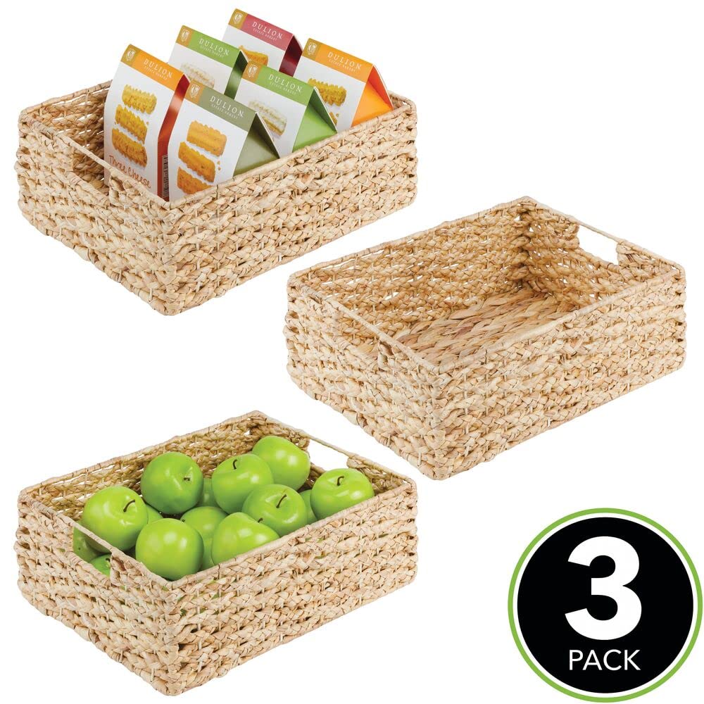 mDesign Hyacinth Braided Woven Kitchen Basket Bin with Built-in Handles for Organizing Kitchen Pantry, Cabinet, Cupboard, Countertop, Shelves - Holds Food, Drinks, Snacks - 3 Pack - Natural/Tan