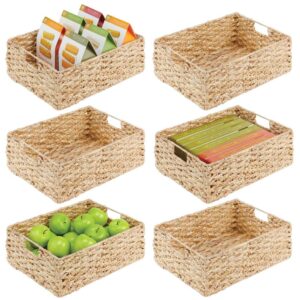 mdesign hyacinth braided woven kitchen basket bin with built-in handles for organizing kitchen pantry, cabinet, cupboard, countertop, shelves - holds food, drinks, snacks - 6 pack - natural/tan
