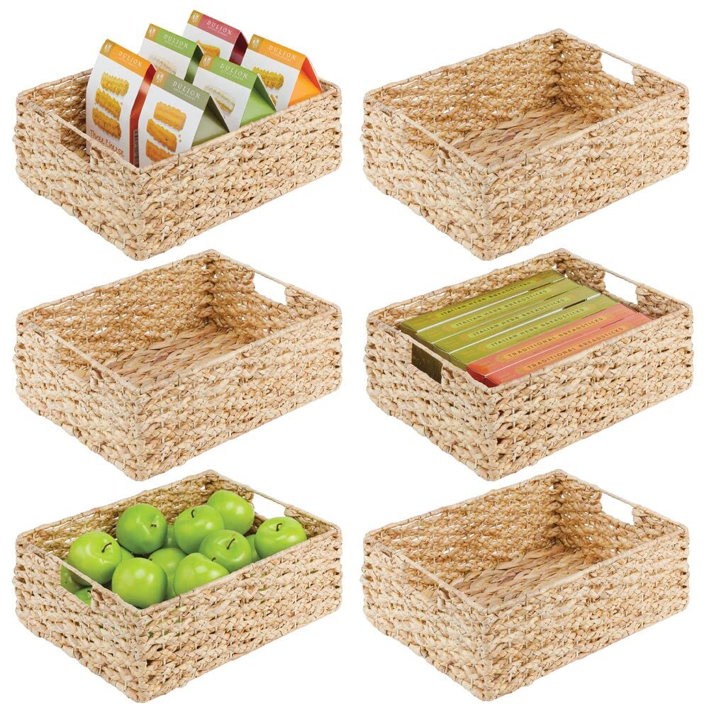 mDesign Hyacinth Braided Woven Kitchen Basket Bin with Built-in Handles for Organizing Kitchen Pantry, Cabinet, Cupboard, Countertop, Shelves - Holds Food, Drinks, Snacks - 6 Pack - Natural/Tan