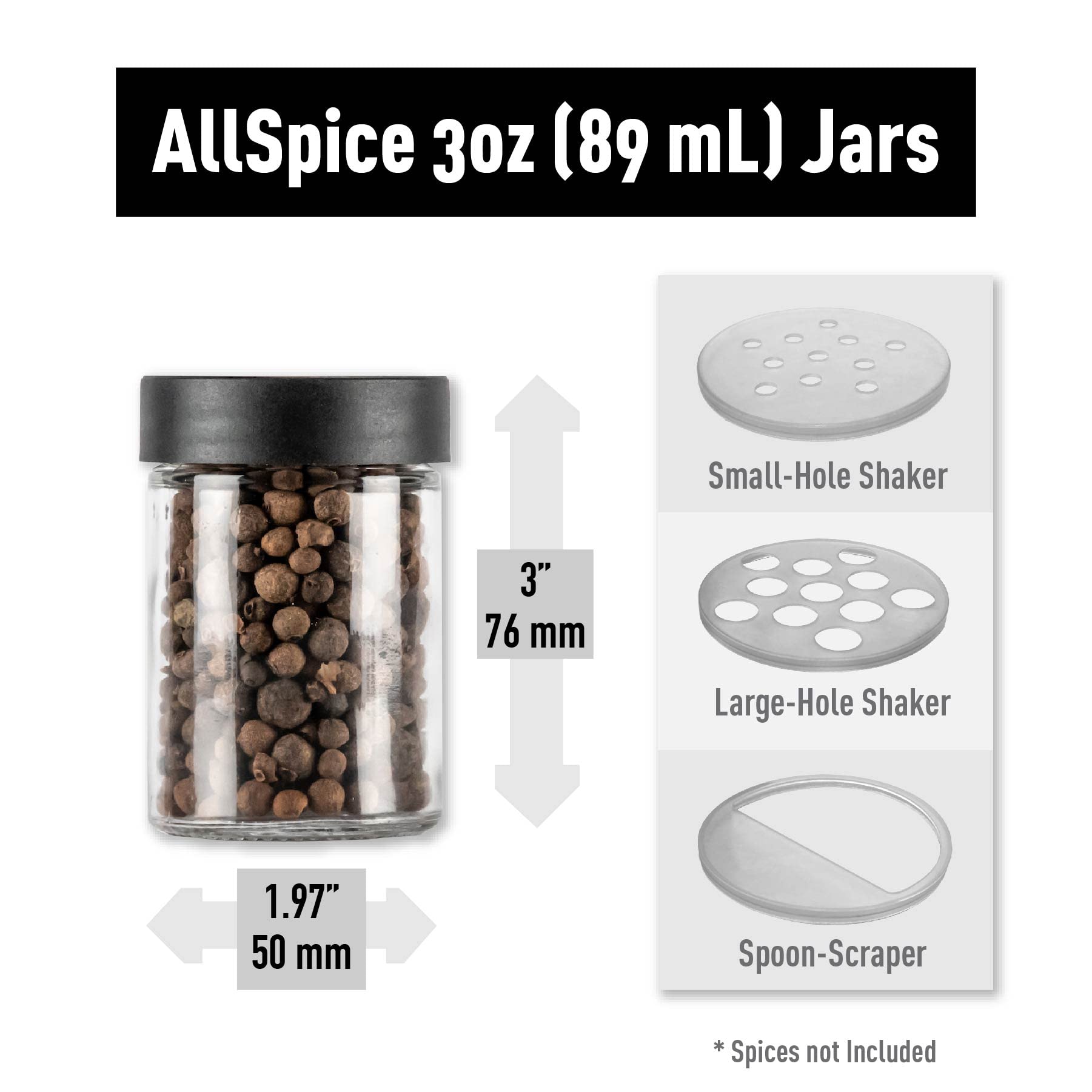 AllSpice 3” Glass Spice Jars 3 fluid ounces- 18 pack