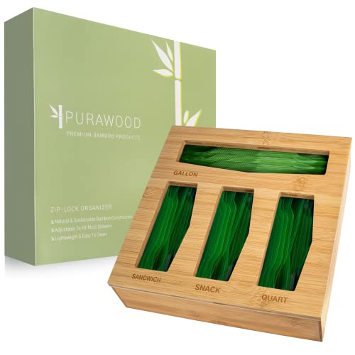 Purawood Ziplock Bag Storage Organizer - Natural Bamboo Drawer Organizer to Declutter Your Kitchen – Easy & Efficient Plastic Bag Organizer - Plastic Bag Holder Compatible with all Brands