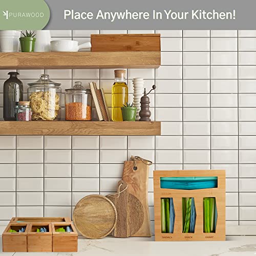 Purawood Ziplock Bag Storage Organizer - Natural Bamboo Drawer Organizer to Declutter Your Kitchen – Easy & Efficient Plastic Bag Organizer - Plastic Bag Holder Compatible with all Brands