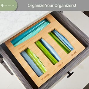 Purawood Ziplock Bag Storage Organizer - Natural Bamboo Drawer Organizer to Declutter Your Kitchen – Easy & Efficient Plastic Bag Organizer - Plastic Bag Holder Compatible with all Brands