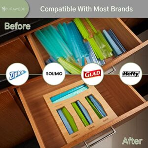 Purawood Ziplock Bag Storage Organizer - Natural Bamboo Drawer Organizer to Declutter Your Kitchen – Easy & Efficient Plastic Bag Organizer - Plastic Bag Holder Compatible with all Brands