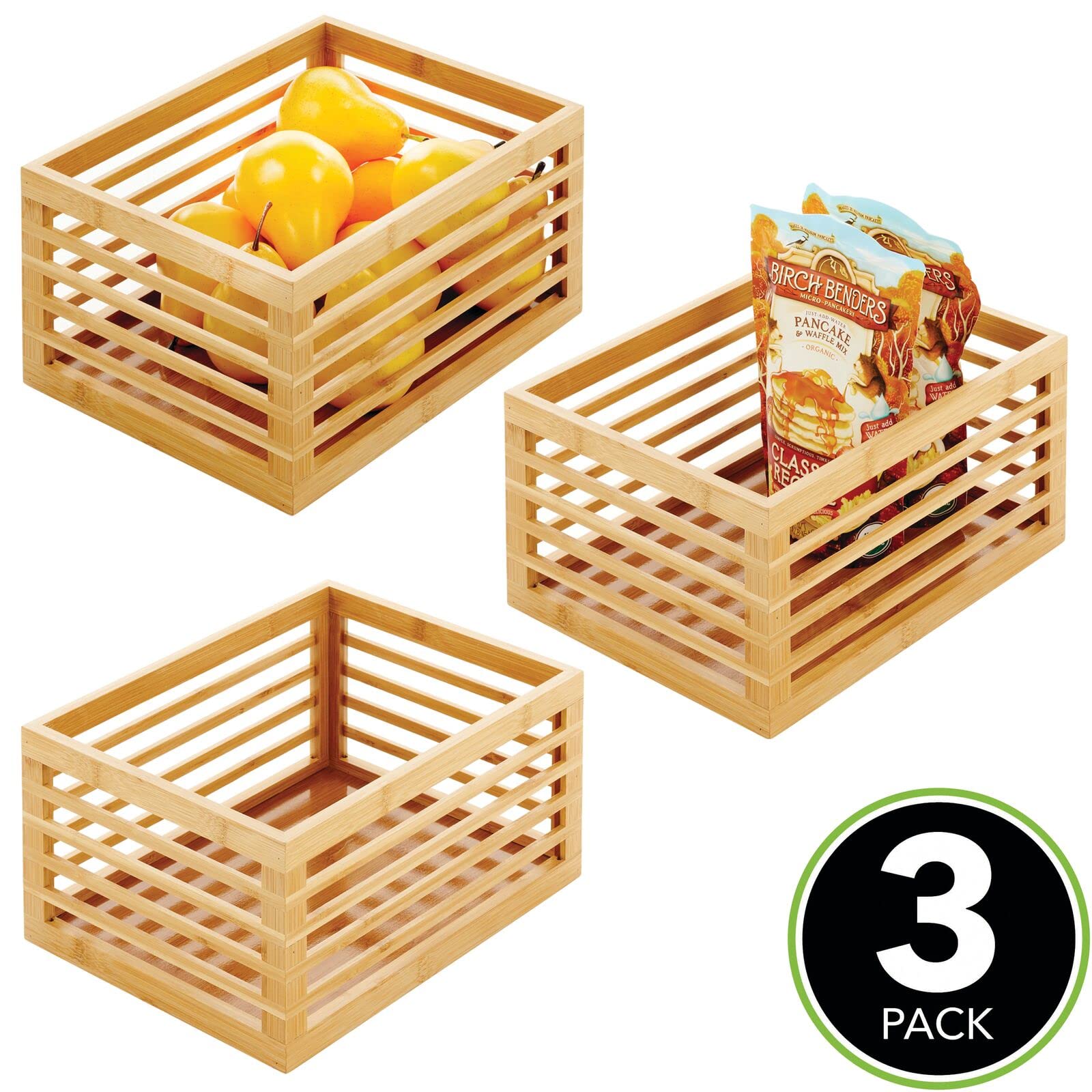 mDesign Bamboo Slotted Cabinet Shelf Storage Organizer Bin for Kitchen, Pantry, Bathroom, Bedroom, Office, Living Room Organization - Holds Food, Snacks, Fruits - Echo Collection - 3 Pack - Natural