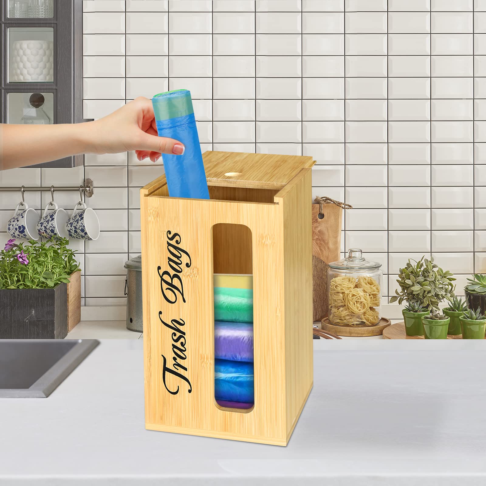 Trash Bag Holder for Kitchen Organizers and Storage, Bamboo Farmhouse Plastic Bag Holder Wall Mounted, Trash Bag Dispenser for Kitchen Countertop, Cabinet, Under Sink, Laundry Room Organization