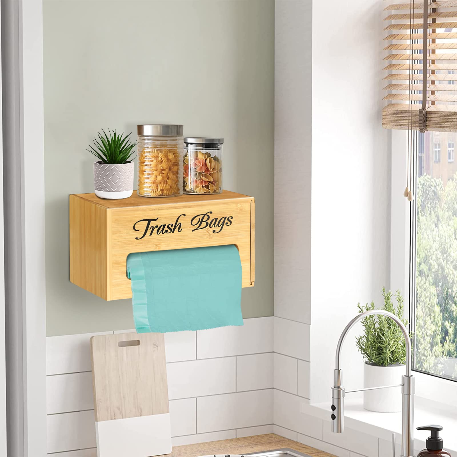 Trash Bag Holder for Kitchen Organizers and Storage, Bamboo Farmhouse Plastic Bag Holder Wall Mounted, Trash Bag Dispenser for Kitchen Countertop, Cabinet, Under Sink, Laundry Room Organization