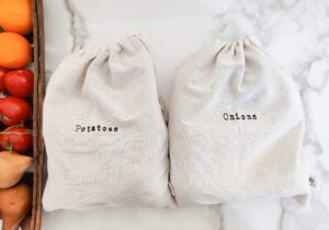 montecito home - 100% linen onion and potato linen bags, potato sacks, potato keeper, washable storage bags, storage for pantry- combo set - two 15"x12" farmhouse artisan linen bags - white