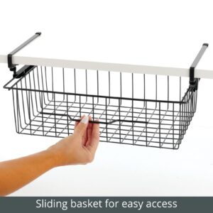 mDesign Large Metal Wire Hanging Pullout Drawer Basket - Sliding Under Shelf Storage Organizer - Attaches to Shelving - Easy Install - Black