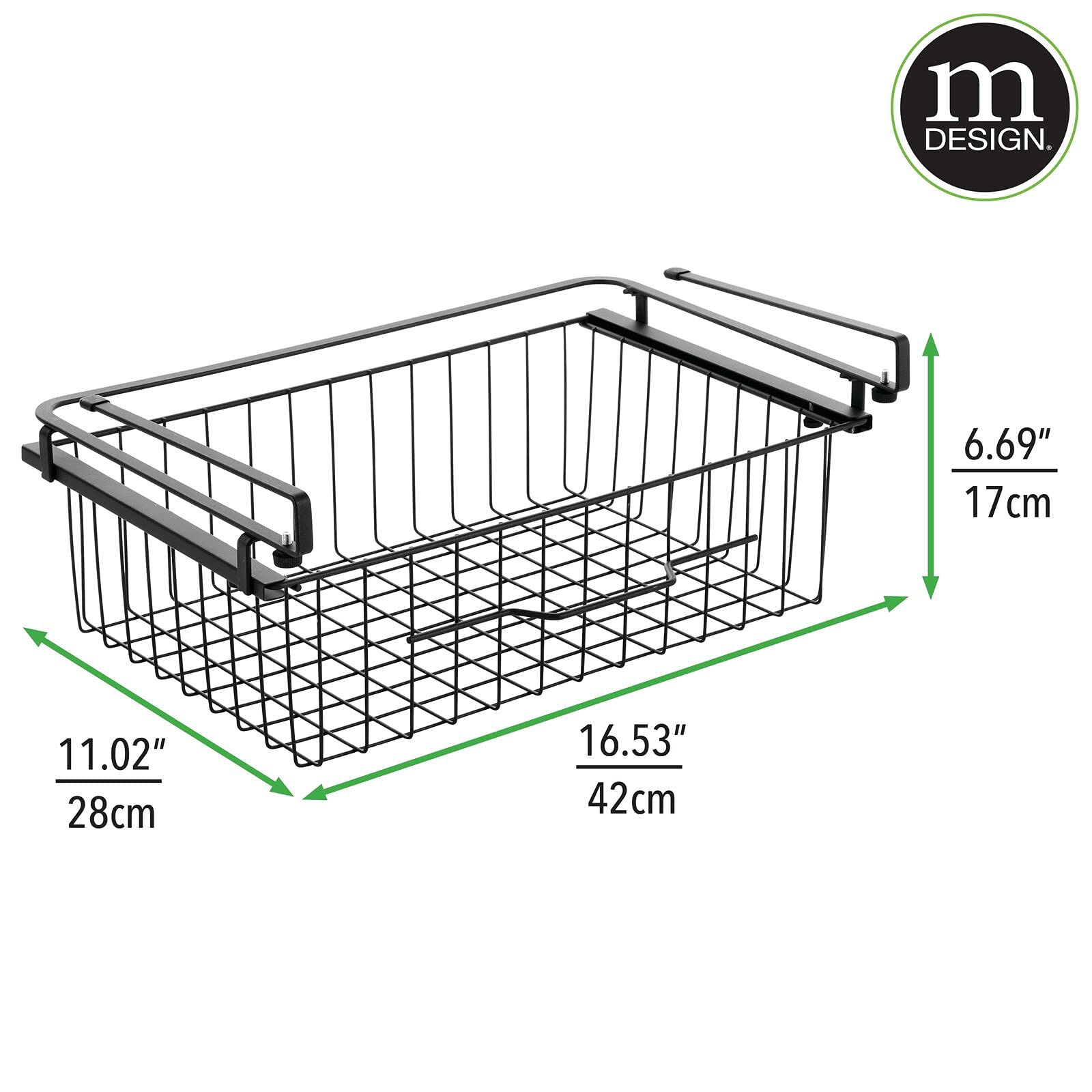 mDesign Large Metal Wire Hanging Pullout Drawer Basket - Sliding Under Shelf Storage Organizer - Attaches to Shelving - Easy Install - Black