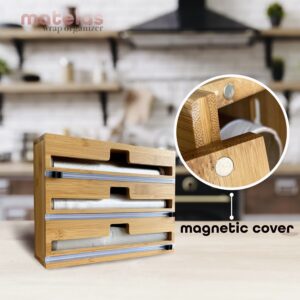 3 in 1 Bamboo Wrap Dispenser with Cutter and Labels, Wax Paper, Foil and Plastic Wrap Organizer Dispenser for Kitchen Drawer or Wall Mounted, Roll Holder, Compatible with 12" Roll [matelas]