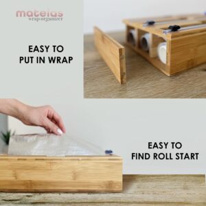 3 in 1 Bamboo Wrap Dispenser with Cutter and Labels, Wax Paper, Foil and Plastic Wrap Organizer Dispenser for Kitchen Drawer or Wall Mounted, Roll Holder, Compatible with 12" Roll [matelas]