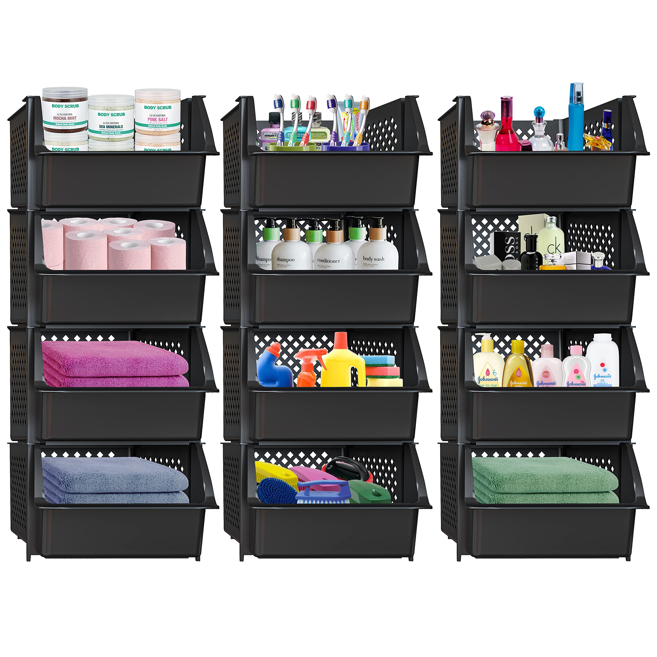 Skywin Plastic Stackable Storage Bins for Pantry - 12 Pack Black Stackable Bins For Organizing Food, Kitchen, and Bathroom Essentials