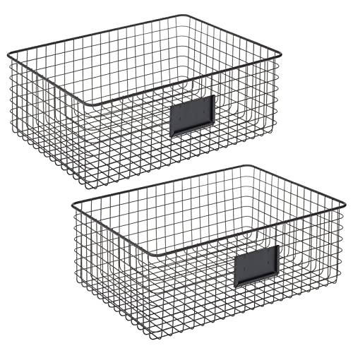 mDesign Wide Steel Wired Storage Organizer Bin Baskets with Label Slot for Kitchen Pantry, Cabinet, Organizing Holder for Food, Drinks, Snacks, Produce, Omaha Collection, 2 Pack, Matte Black