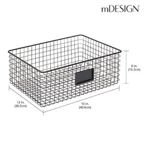 mDesign Wide Steel Wired Storage Organizer Bin Baskets with Label Slot for Kitchen Pantry, Cabinet, Organizing Holder for Food, Drinks, Snacks, Produce, Omaha Collection, 2 Pack, Matte Black