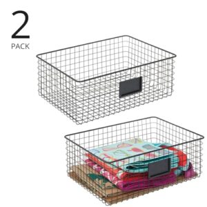 mDesign Wide Steel Wired Storage Organizer Bin Baskets with Label Slot for Kitchen Pantry, Cabinet, Organizing Holder for Food, Drinks, Snacks, Produce, Omaha Collection, 2 Pack, Matte Black