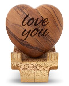 carved wooden heart shape gifts - love you - engraved olive wood with bamboo stand - 5 year wooden for her or him - christmas, valentine's day, mother's day, father's day, birthday