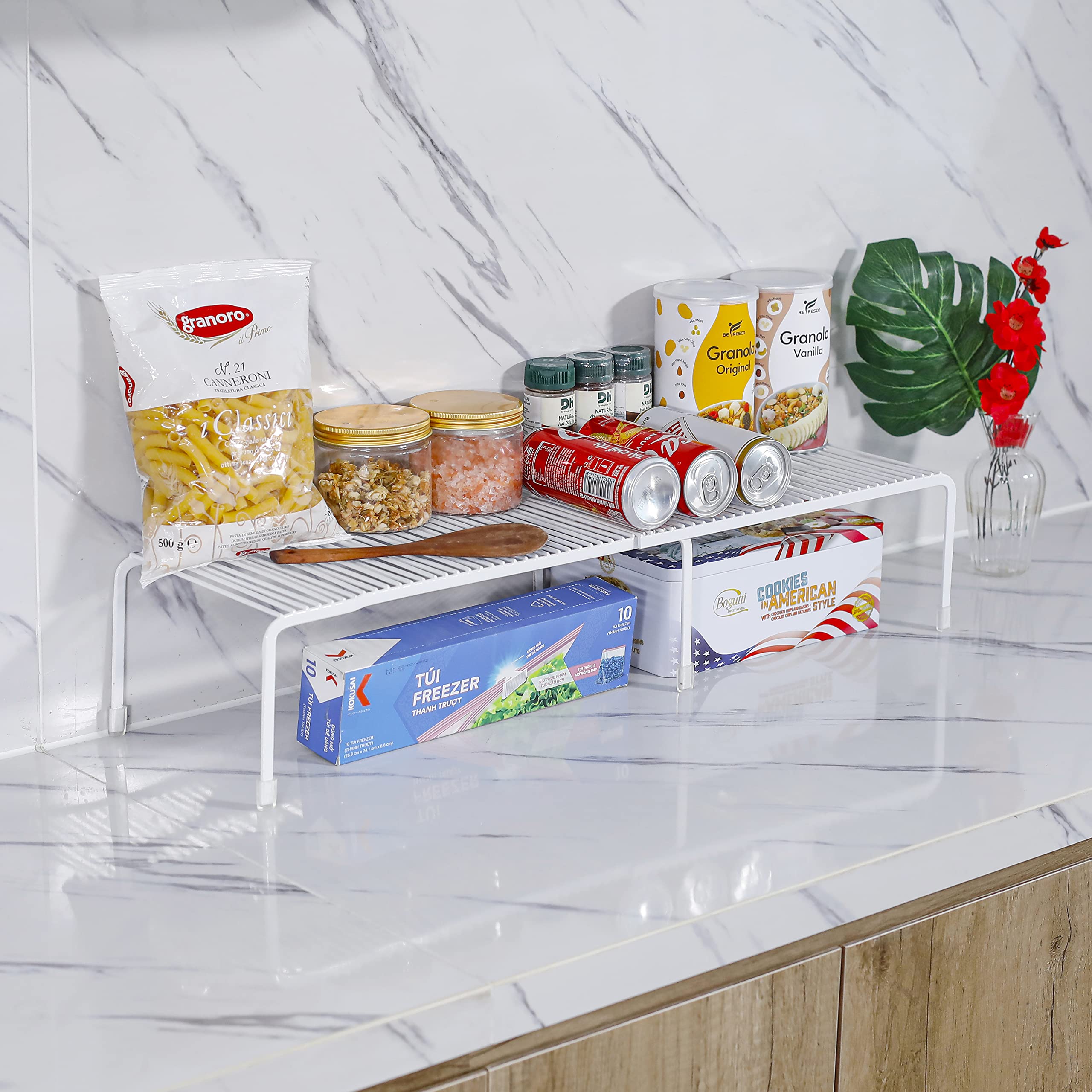 WIRESPIRIT - Expandable Shelf Organizer (2 Pieces) for Countertop, Cupboard, Cabinet, Pantry - Adjustable Kitchen Organization Shelf Rack - White