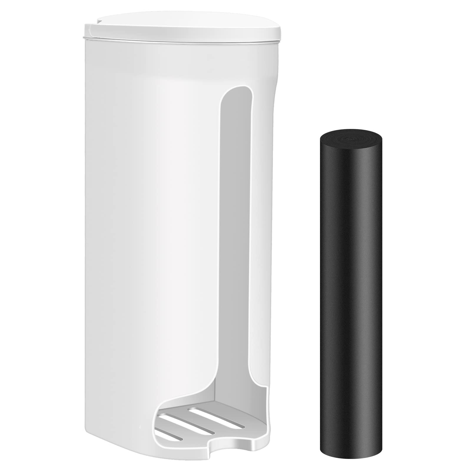 Grocery Plastic Bag Holder and Dispenser for Plastic Bags Wall Mount or Adhesive with 1 Roll Black Trash Bags Garbage Bags, Grocery Bag Holder Cabinet Bag Saver for Plastic Bags Kitchen (White)