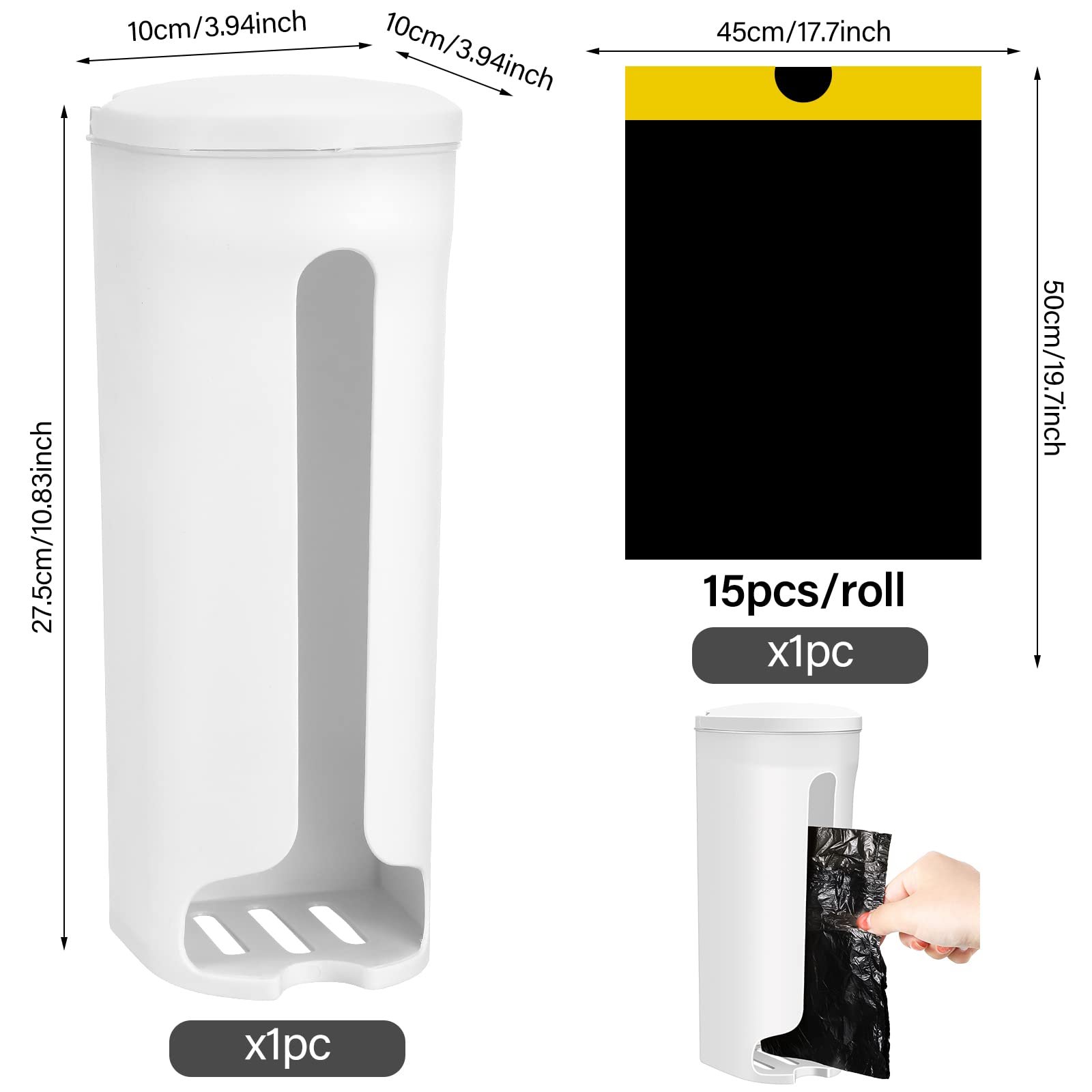 Grocery Plastic Bag Holder and Dispenser for Plastic Bags Wall Mount or Adhesive with 1 Roll Black Trash Bags Garbage Bags, Grocery Bag Holder Cabinet Bag Saver for Plastic Bags Kitchen (White)