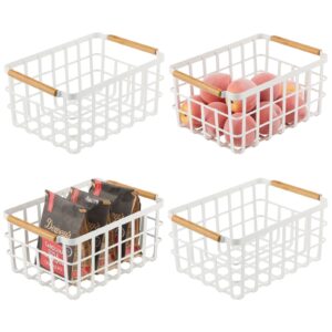 mdesign metal wire food organizer storage bin basket with bamboo handles for kitchen cabinets/pantry organizing - farmhouse decor - yami collection - 4 pack - matte white/natural