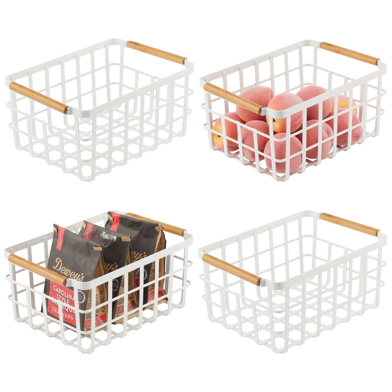 mDesign Metal Wire Food Organizer Storage Bin Basket with Bamboo Handles for Kitchen Cabinets/Pantry Organizing - Farmhouse Decor - Yami Collection - 4 Pack - Matte White/Natural