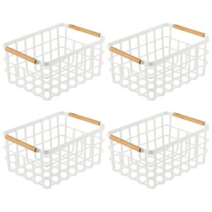 mDesign Metal Wire Food Organizer Storage Bin Basket with Bamboo Handles for Kitchen Cabinets/Pantry Organizing - Farmhouse Decor - Yami Collection - 4 Pack - Matte White/Natural