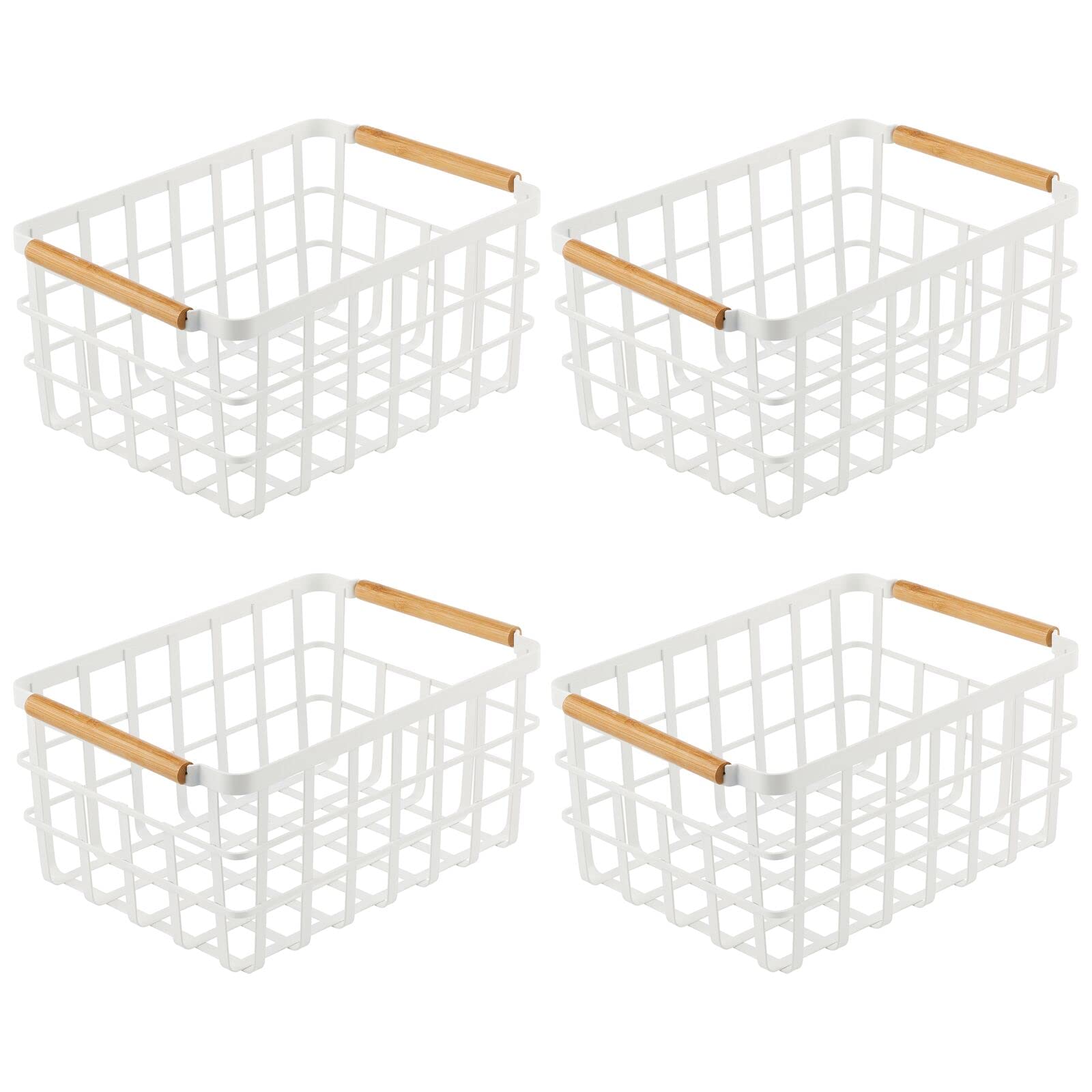 mDesign Metal Wire Food Organizer Storage Bin Basket with Bamboo Handles for Kitchen Cabinets/Pantry Organizing - Farmhouse Decor - Yami Collection - 4 Pack - Matte White/Natural