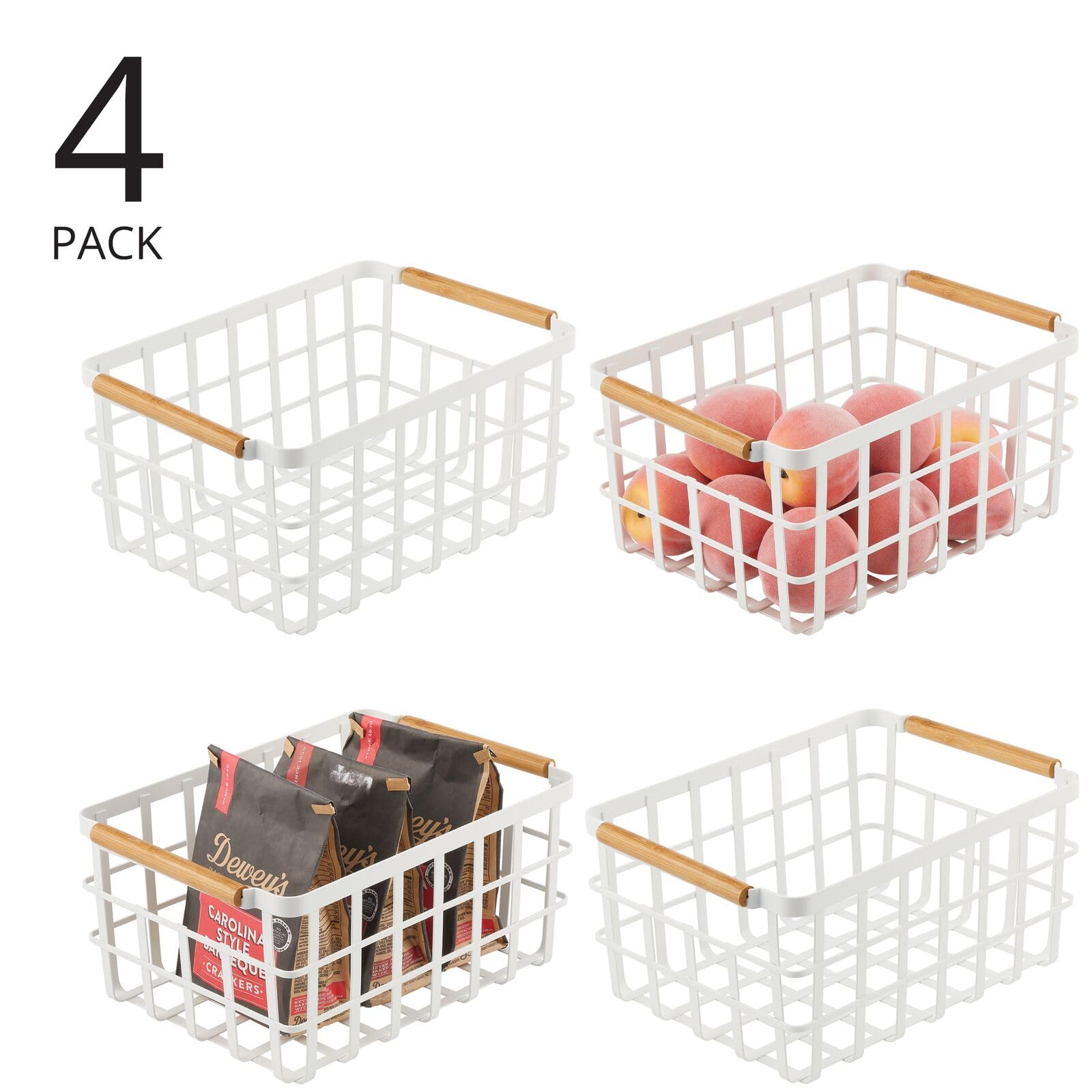 mDesign Metal Wire Food Organizer Storage Bin Basket with Bamboo Handles for Kitchen Cabinets/Pantry Organizing - Farmhouse Decor - Yami Collection - 4 Pack - Matte White/Natural