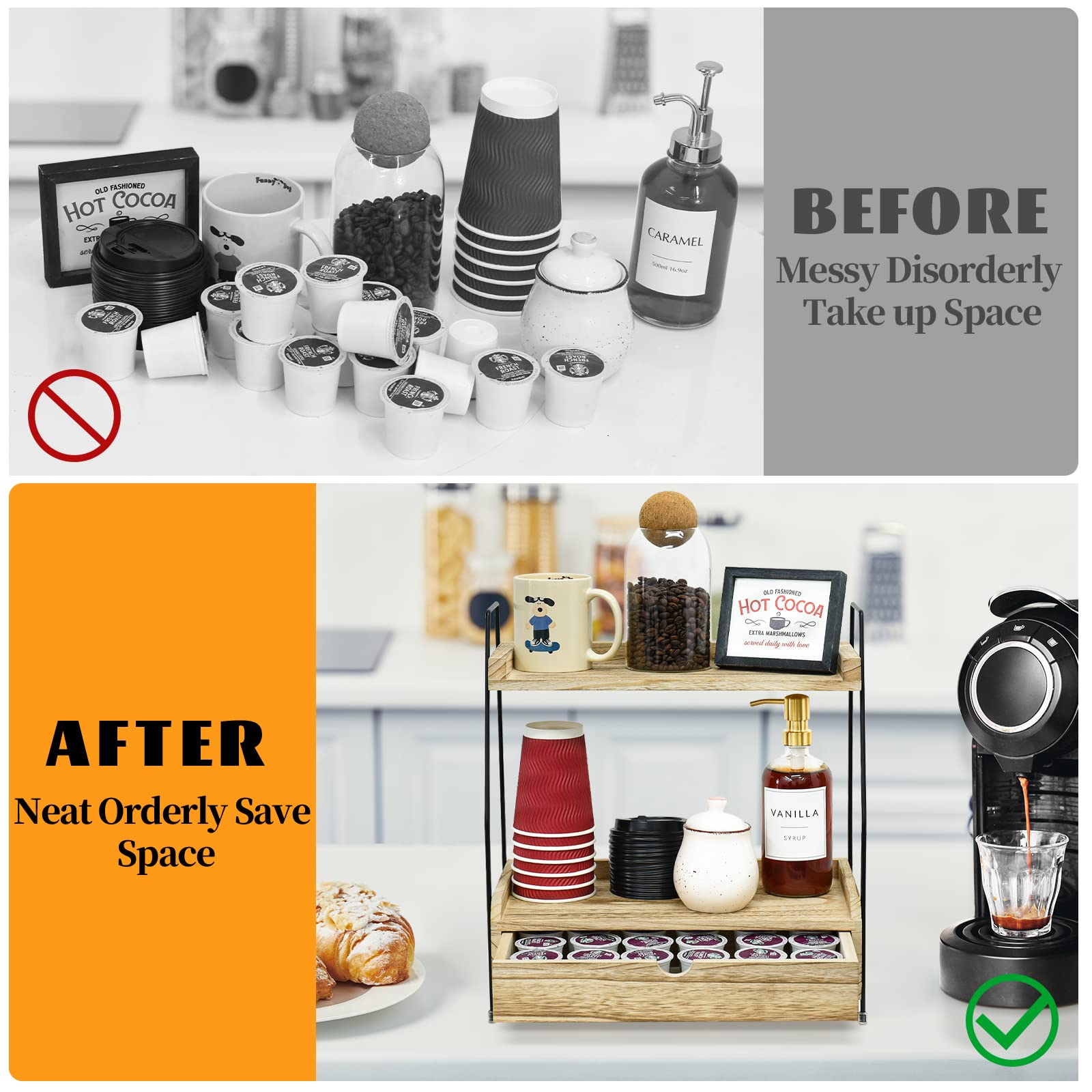 Coffee Bar Accessories and Organizer Countertop, Coffee Station Organizer with Drawer Wood Kitchen Countertop Organizer, Condiment and Snack Organizer for Kitchen, office, bathroom