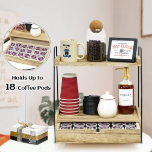 Coffee Bar Accessories and Organizer Countertop, Coffee Station Organizer with Drawer Wood Kitchen Countertop Organizer, Condiment and Snack Organizer for Kitchen, office, bathroom