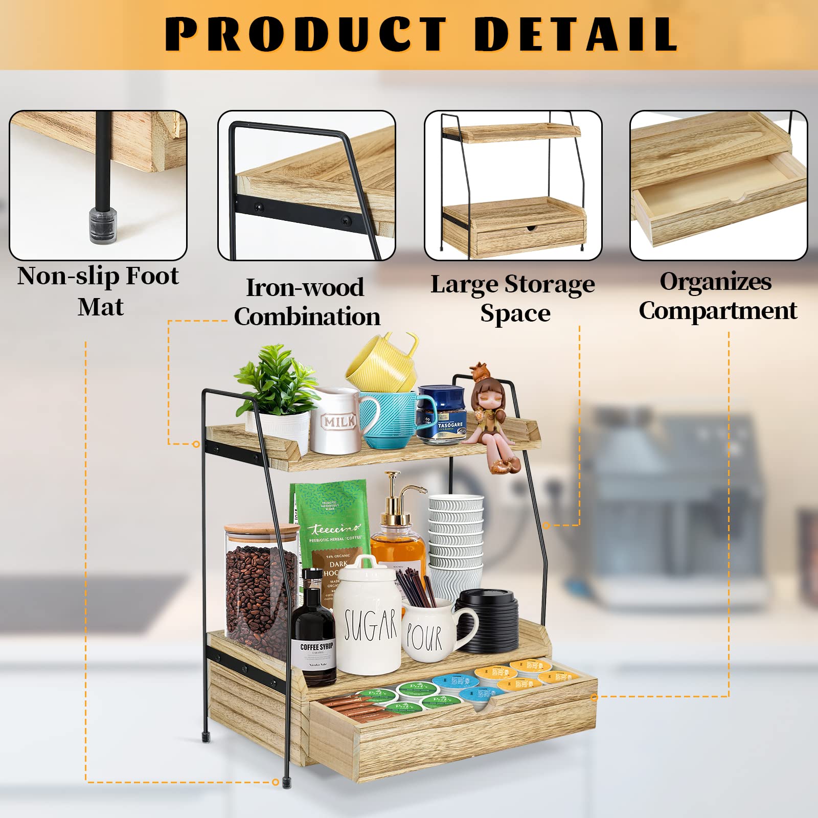 Coffee Bar Accessories and Organizer Countertop, Coffee Station Organizer with Drawer Wood Kitchen Countertop Organizer, Condiment and Snack Organizer for Kitchen, office, bathroom