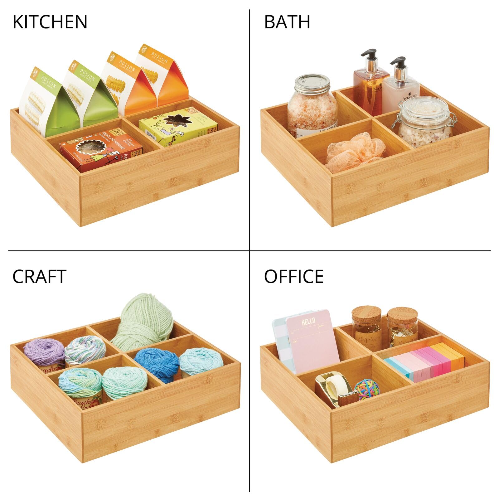 mDesign Bamboo Kitchen Pantry Organizer Bin Box, 4 Sections - Wooden Stackable Basket Crates for Food, Produce, Vegetable Storage - Use on Shelves or in Closet, Echo Collection - Natural/Tan