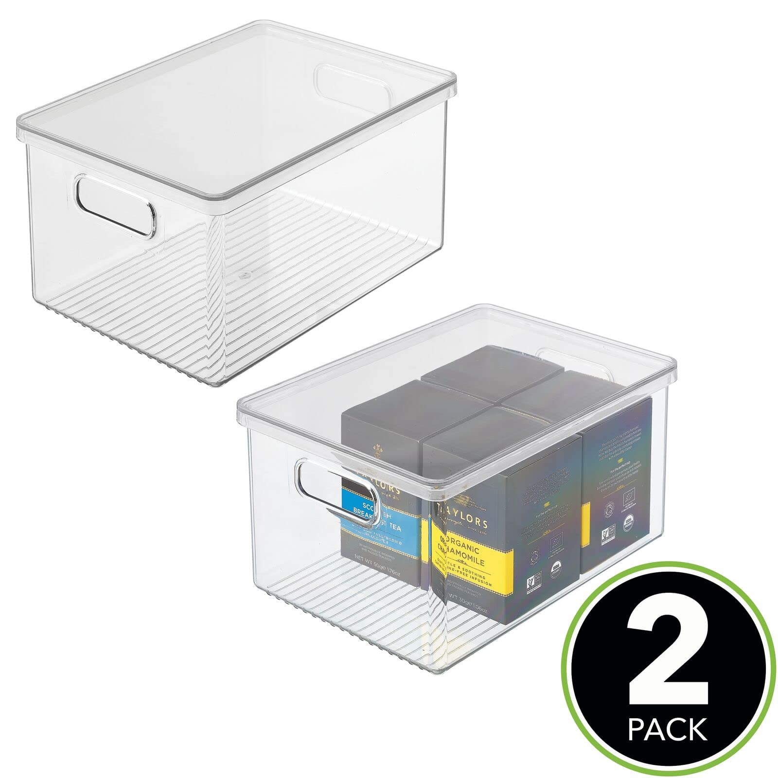 mDesign Plastic Pantry Storage Box Container with Lid and Built-In Handles - Organization for Flour, Cereal, Pasta, Rice, or Food in Kitchen Cupboard, Ligne Collection, 2 Pack, Clear/Clear