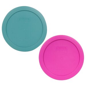 pyrex 7201-pc 4 cup (1) turquoise & (1) pink round plastic storage lid, made in usa