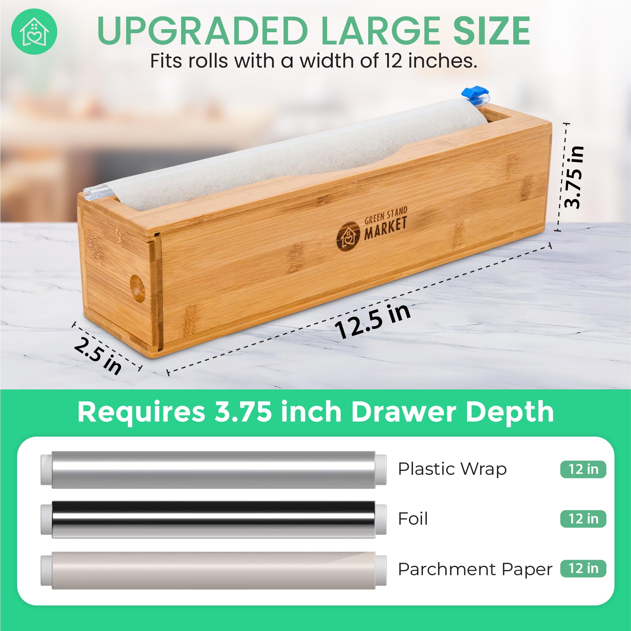 Green Stand Market - Plastic Wrap Dispenser with Cutter - Fits 12" Rolls - Mountable - Cuts Plastic Wrap, Saran Wrap, Cling Wrap, Aluminum Foil, Wax Paper