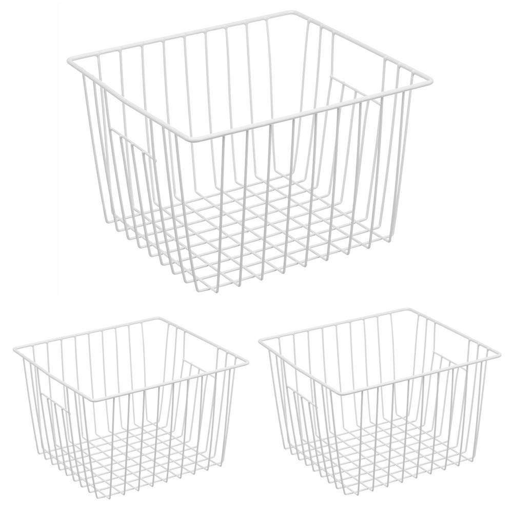 Freezer Organizer Baskets, Refrigerator Deep Metal Wire Food Storage Divider, Household Container Bins with Handles for Kitchen Cabinet, Pantry, Closet, Car, Bathroom, Office - Pearl White (3)