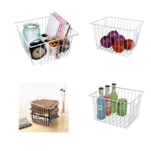 Freezer Organizer Baskets, Refrigerator Deep Metal Wire Food Storage Divider, Household Container Bins with Handles for Kitchen Cabinet, Pantry, Closet, Car, Bathroom, Office - Pearl White (3)