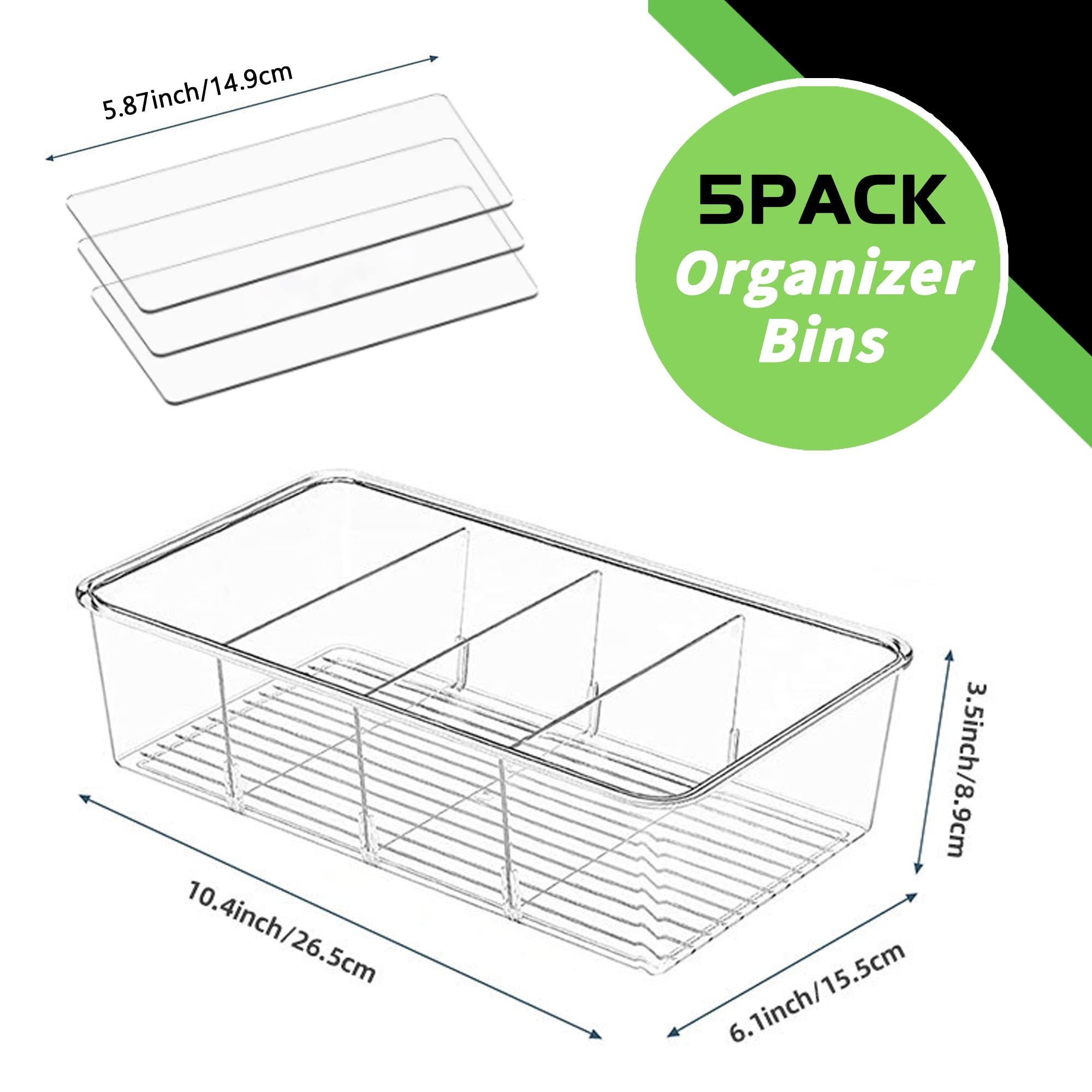 bealy 5 Pack Pantry Organizer and Storage Bins with Removable Dividers, Snack Organizer for Pantry, Chip,Clear Acrylic Food Organizer Bins for Kitchen, Fridge, Cabinet,Packets, Pouches