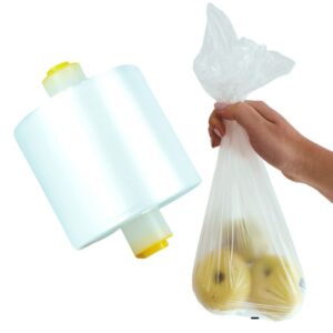 plastic produce bags on a roll, disposable or reusable, self-service food storage for fruit, vegetables, snacks & waste, with side holders for dispenser, small garbage bags