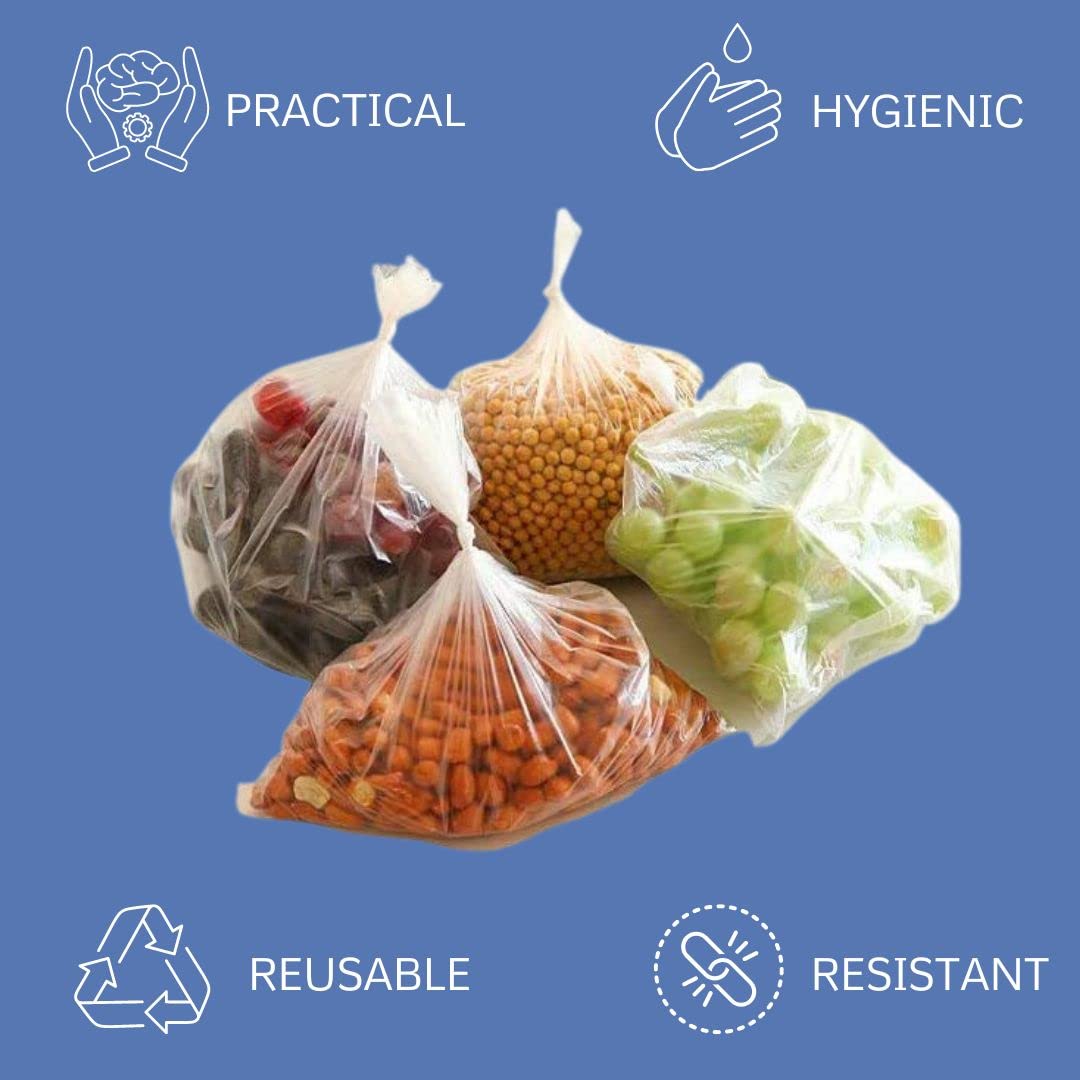 Plastic Produce Bags on a Roll, Disposable or Reusable, Self-service food storage for Fruit, Vegetables, Snacks & Waste, with Side Holders for Dispenser, Small garbage bags