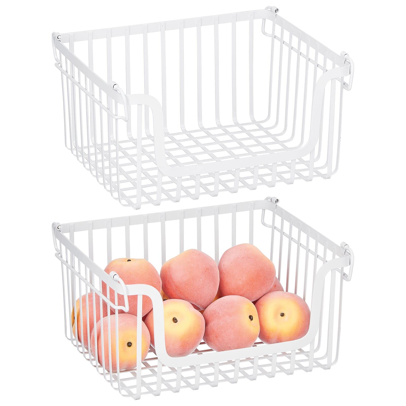 mDesign Large Stacking Wire Baskets Food Organizer Storage Metal Basket with Open Front for Kitchen Cabinet, Pantry; Organize Fruits, Snacks, and Vegetables - Carson Collection - 2 Pack - Matte White