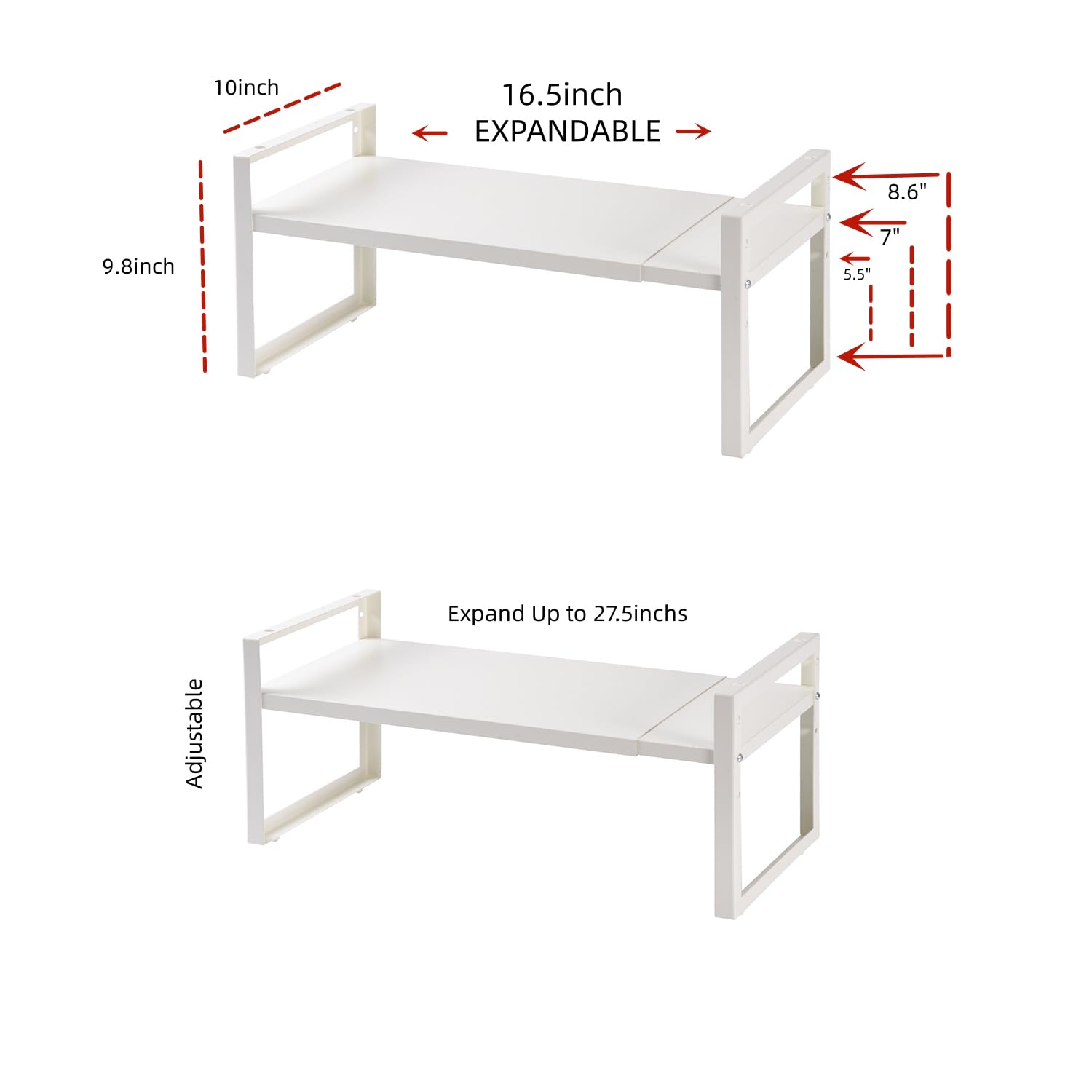 lonpute Expandable Cabinet Shelf Organizers，Adjustable Height Cabinet Cupboard， Kitchen Counter Shelves, Stackable, Expandable, Metal(White - 2 Tier)