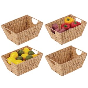 mdesign natural woven hyacinth closet storage organizer basket bin for kitchen cabinets, pantry, bathroom, laundry room, closets, garage - 4 pack - natural